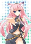  animal_ears bare_shoulders belt black_skirt blue_eyes cat_ears hands kurochima long_hair long_skirt megurine_luka midriff navel no_panties outstretched_arm outstretched_hand pink_hair polka_dot reaching shirt side_slit skirt sleeveless sleeveless_shirt solo vocaloid 