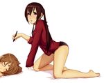  ahoge ajax barefoot blush brown_eyes brown_hair closed_eyes face_painting long_hair marker meat_kanji_on_forehead minami-ke minami_chiaki minami_kana multiple_girls no_pants panties siblings sisters sleeping twintails underwear 