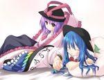  blue_hair capelet closed_eyes food frills fruit hat hinanawi_tenshi leaf mikago_kotaro multiple_girls nagae_iku peach purple_hair shawl touhou 