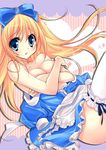  alice_(wonderland) alice_in_wonderland aqua_eyes blonde_hair blue_eyes bow breast_hold breasts cleavage covering covering_breasts dress_pull garters hair_bow large_breasts lingerie long_hair open_mouth petticoat solo thighhighs topless underwear yukiwo 