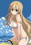  bikini blue_background blue_eyes breasts cleavage cowboy_shot day hair_between_eyes imo_works k-on! kotobuki_tsumugi long_hair medium_breasts navel outdoors parted_lips side-tie_bikini solo straddling string_bikini swimsuit v_arms white_bikini 