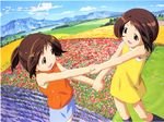  chiba_yuriko child cloud day field figure_17 flower grass hands holding_hands mountain multiple_girls nature petals shiina_hikaru shiina_tsubasa siblings sky summer tree twins wallpaper 