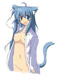  animal_ears artist_request blue_eyes blue_hair blush bottomless breasts cat_ears cat_tail copyright_request fang hand_on_own_head long_hair medium_breasts naked_shirt navel nipples oekaki open_clothes open_mouth open_shirt shirt sleepy solo tail tears white_shirt yawning 