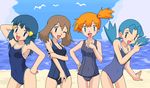  bad_id bad_pixiv_id beach blue_hair blush brown_hair crystal_(pokemon) day haruka_(pokemon) hikari_(pokemon) kasumi_(pokemon) kuro_hopper multiple_girls oekaki one-piece_swimsuit orange_hair pokemon pokemon_(anime) school_swimsuit side_ponytail smile swimsuit v 