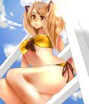  :o bad_id bad_pixiv_id bikini brown_eyes brown_hair chako_nejio cloud day legs long_hair original side-tie_bikini sitting solo swimsuit thighs twintails wet 