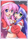  bad_id bad_pixiv_id bell blue_eyes blue_hair blush glasses green_eyes hat highres holding_hands izumi_konata kazuboh lucky_star mole mole_under_eye multiple_girls pink_hair santa_hat snow takara_miyuki 