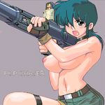  bazooka belt blue_hair blush breasts choker cream_lemon fingerless_gloves gloves green_eyes gun hair_over_one_eye large_breasts lowres matagitii nipples oldschool pop_chaser solo third-party_edit topless weapon 