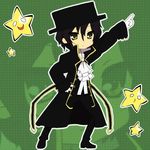 artist_request black_hair chibi coat frills gathers gilbert_nightray gloves hat lowres lucky_star male_focus pandora_hearts parody pose solo star top_hat trench_coat yellow_eyes 