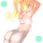  armpits arms_up ass back bandeau blonde_hair copyright_request green_eyes long_hair midriff pantyhose ponytail seki_suzume solo strapless tubetop 