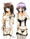  adjusting_eyewear animal_ears bad_id bad_pixiv_id bow bowtie breasts brown_hair cat_ears cleavage copyright_request corset fishnets garter_belt garters glasses green_eyes hairband hands jewelry large_breasts lingerie long_hair mirk multiple_girls necklace nightgown purple_hair red_eyes short_hair thighhighs twintails underwear white_legwear 
