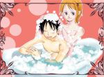  1boy 1girl black_eyes black_hair blush couple hat monkey_d_luffy nami_(one_piece) one_piece orange_hair pirate short_hair smile tattoo 