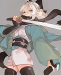  1girl ahoge bangs black_legwear black_scarf blue_eyes breasts covered_mouth cowboy_shot fate/grand_order fate_(series) hair_between_eyes haori holding holding_sword holding_weapon japanese_clothes katana kimono legs_apart long_sleeves motu0505 obi okita_souji_(fate) okita_souji_(fate)_(all) sash scarf sheath shinsengumi short_hair short_kimono small_breasts solo sword thighhighs weapon white_hair white_kimono zettai_ryouiki 