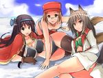  all_fours animal_ears arao ass bad_id bad_pixiv_id beach bikini black_eyes black_hair blush breasts brown_eyes brown_hair day glasses hairband hat huge_breasts long_hair lying multiple_girls pixiv_fantasia pixiv_fantasia_3 short_hair swimsuit tail thighhighs watanabe_(pixiv_fantasia) 