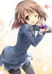  blazer brown_eyes brown_hair castanets hair_ornament hairclip heart hirasawa_yui instrument jacket k-on! kusakami_akira laughing leaning_forward miniskirt one_eye_closed pantyhose pleated_skirt pose ribbon school_uniform short_hair skirt smile solo standing 