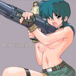  bazooka belt blue_hair blush breasts choker cream_lemon fingerless_gloves gloves green_eyes gun hair_over_one_eye large_breasts lowres matagitii nipples oldschool pop_chaser solo topless weapon 