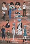  3boys aida_kensuke androgynous ayanami_rei bag blue_eyes blue_hair brown_hair dress_shirt evangelion:_2.0_you_can_(not)_advance glasses hair_ornament hairclip highres ikari_shinji multiple_boys neon_genesis_evangelion non-web_source official_art pleated_skirt plugsuit raglan_sleeves rebuild_of_evangelion red_eyes ribbon sadamoto_yoshiyuki school_uniform shirt shoes short_hair skirt smile socks standing suzuhara_touji 