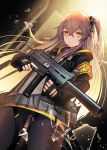  1girl armband blonde_hair commentary dakunesu eyebrows_visible_through_hair fingerless_gloves girls_frontline gloves gun h&amp;k_ump45 highres holding holding_gun holding_weapon hood hoodie long_hair one_side_up pantyhose pleated_skirt scar scar_across_eye skirt solo suppressor trigger_discipline ump45_(girls_frontline) underskirt weapon yellow_eyes 