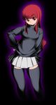  copyright_request long_hair miniskirt pleated_skirt red_eyes red_hair seki_suzume simple_background skirt smile solo standing sweater thighhighs turtleneck zettai_ryouiki 