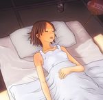  bed_sheet brown_hair fan flash_tomo flat_chest from_above futon glass hands open_mouth original pillow short_hair sleeping solo tank_top 