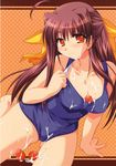  artist_request between_breasts blush breasts brown_eyes brown_hair food fruit hair_ribbon half_updo highres hinata_natsumi_(sharin_no_kuni) one-piece_swimsuit ribbon sharin_no_kuni_himawari_no_shoujo strawberry suggestive_fluid swimsuit 