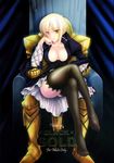  black_gold blonde_hair breasts cleavage dark_saber fate/stay_night fate_(series) feet gilgamesh knight legs_crossed long_hair saber saber_alter sitting smile stocking thighhighs yellow_eyes 