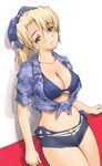  bikini blonde_hair blue_eyes breasts cleavage front-tie_top ishida_masayuki large_breasts lowres midriff outrun_online_arcade short_shorts shorts solo swimsuit 