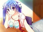 blue_hair blush bra breast_rest breasts breasts_outside buckle cleavage collarbone frilled_bra frills highres large_breasts lingerie long_hair necktie open_clothes open_shirt purple_eyes ribbon shirt smile solo sparkle!! t-ray table twintails underwear 