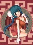  aokihoshi ass bare_shoulders blue_hair breasts brown_eyes bun_cover china_dress chinese_clothes cleavage double_bun dress elbow_gloves gloves gundam gundam_00 large_breasts long_hair no_panties sitting smile solo twintails wang_liu_mei 
