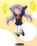  2009_world_baseball_classic arms_up baseball_uniform blush closed_eyes clothes_writing hiiragi_kagami jumping long_hair lucky_star non-web_source purple_hair solo sportswear twintails world_baseball_classic 