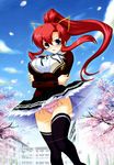  artist_request blush green_eyes highres hime-sama_gomeirei_wo! ponytail red_hair solo thighhighs wind wind_lift 