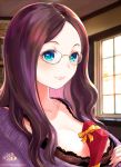  1girl artist_name between_breasts blue_eyes box breasts brown_hair commentary_request dated fate/grand_order fate_(series) gift gift_box glasses highres large_breasts leonardo_da_vinci_(fate/grand_order) light_blush long_hair looking_at_viewer purple_sweater signature smile solo sweater tsuzuki_rie twitter_username valentine window 