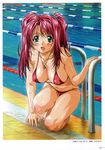  barefoot bikini blush breasts copyright_request covered_nipples green_eyes heart highres jewelry kneeling large_breasts lovers micro_bikini necklace open_mouth pendant pool pool_ladder poolside red_hair scan solo swimsuit taki_minashika twintails water wet 