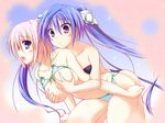  :3 bikini bikini_lift blue_eyes blue_hair blush breast_grab breasts breath buckle front-tie_top grabbing highres hug large_breasts long_hair multiple_girls pink_hair purple_eyes short_hair side-tie_bikini sparkle!! swimsuit t-ray twintails very_long_hair yuri 