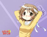  adjusting_hair aoki_ume blush brown_eyes brown_hair headband hidamari_sketch official_art short_hair wallpaper yuno 