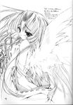  air amamiya_poran bell feathers greyscale hair_ribbon kannabi_no_mikoto monochrome ribbon solo wings 