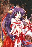  hair_ribbon happy japanese_clothes kimono long_hair purple_hair red_eyes ribbon wink winking 