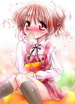  artist_request blush double_bun eating food hidamari_sketch hiro pink_hair red_eyes school_uniform solo surprised 