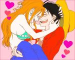  1boy 1girl black_eyes black_hair blush couple hat monkey_d_luffy nami_(one_piece) one_piece orange_hair pirate short_hair smile tattoo 