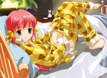  barefoot bed blue_eyes cat copyright_request hair_ribbon happoubi_jin pajamas panties pants pants_pull pulled_by_self red_hair ribbon solo underwear white_cat 