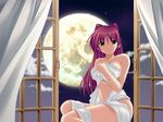  breasts cleavage long_hair moon navel nighttime open_window pink_hair smile thighhighs 