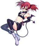  belt black_legwear boots bracelet choker demon_girl der_junge disgaea elbow_gloves etna flat_chest gloves jewelry midriff miniskirt navel panties pantyshot pencil_skirt red_eyes red_hair short_hair skirt smile solo tail thighhighs twintails underwear white_panties wings 