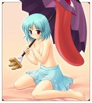  barefoot blush breast_hold breasts covering feet frown geta heterochromia karakasa_obake purple_umbrella solo tatara_kogasa tears topless touhou umbrella yamasan 