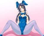 animal_ears asakura_ryouko blue_eyes blue_hair blush bunny_ears bunnysuit long_hair pantyhose sentape solo suzumiya_haruhi_no_yuuutsu 