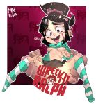  1girl artist_name black_hair breasts brown_eyes candy food frame full_body hair_ornament highres long_hair long_sleeves mr.psina open_mouth ponytail signature skirt smile striped striped_legwear tongue upper_teeth vanellope_von_schweetz wreck-it_ralph 