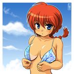  :o bikini bikini_tan blue_bikini blue_eyes blush braid breasts breasts_apart cloud day frame genderswap genderswap_(mtf) large_breasts ranma-chan ranma_1/2 red_hair saotome_ranma shimeta_hiromitsu shiny shiny_hair shiny_skin single_braid solo swimsuit tan tanline undressing upper_body 