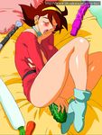  ankle_boots blush boots breasts brown_hair daikon dildo earrings fetal_position food food_insertion g_gundam gundam hairband hosaka_yuuichi jewelry large_breasts object_insertion open_mouth rain_mikamura self_fondle solo sweat 