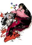  battle black_hair branch brown_eyes colorized duel fire fujiwara_no_mokou highres houraisan_kaguya japanese_clothes jeweled_branch_of_hourai kicking multiple_girls nada_haruka ojou-sama_pose red_eyes simple_background touhou white_hair 