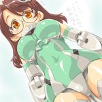  1girl :o bad_id bad_pixiv_id bangs blush breasts bright_feather brown_hair busou_shinki covered_navel cowboy_shot crotch dd_(ijigendd) doll_joints dutch_angle elbow_gloves from_below glasses gloves green_leotard hair_ornament hat hips large_breasts leotard long_hair looking_at_viewer looking_down open_mouth orange_eyes rimless_eyewear solo thighhighs translated 