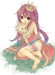  :d animal bad_id bad_pixiv_id barefoot blush brown_hair crown fox kedama_milk leg_garter long_hair open_mouth professor_(ragnarok_online) ragnarok_online sitting smile solo yokozuwari 