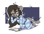  2018 aggie_(artist) anthro blue_eyes book brown_fur brown_hair buckteeth clothed clothing cub digital_media_(artwork) dormouse eyewear female fur glasses hair kneeling long_hair mammal on_ground one_eye_closed open_mouth pajama_pants pajama_shirt rodent simple_background solo teeth tired whiskers young 